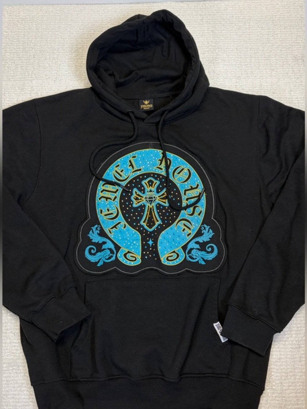 Jewel House Black Blue Cross Graphic Hoodie Pullover Sweatshirt Size M
